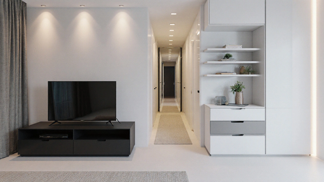Гостиная с низкой ТВ‑полкой, модульным шкафом, зеркальной панелью и свободным проходом, мягкое освещение.