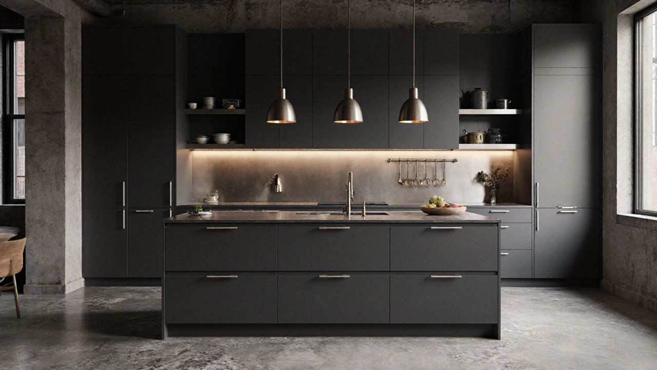 Графитовая кухня в лофте с темными фасадами, металлическими полками и мягким подсветкой.