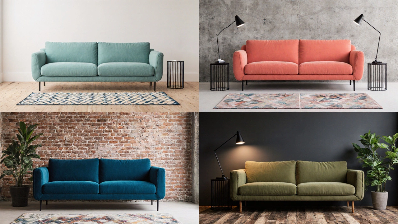 Коллаж из четырёх диванов: мятный, коралловый, синий, оливковый в разных интерьерах.
