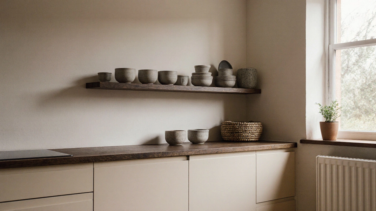 Кремовая кухня с матовыми фасадами, темной деревянной столешницей и теплым освещением, создающая атмосферу уюта.