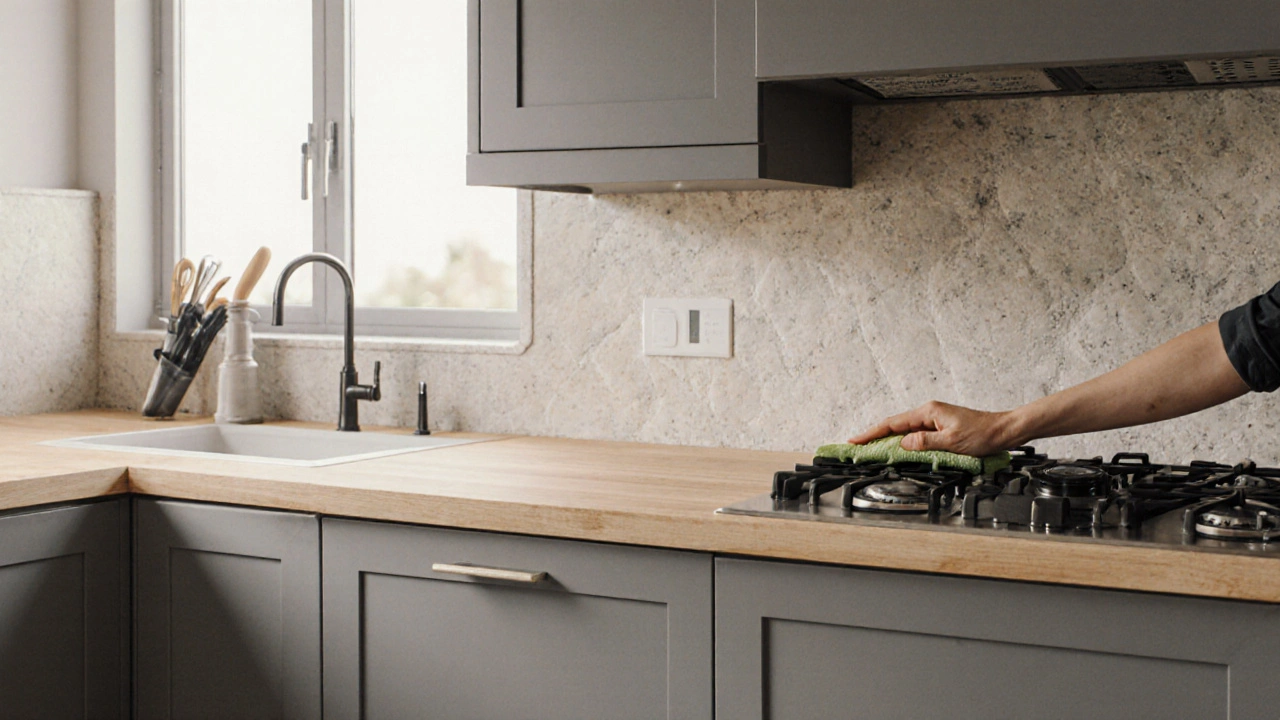 Кухня с матовыми серыми шкафами, светлой деревянной столешницей и скрывающими пятна материалами.