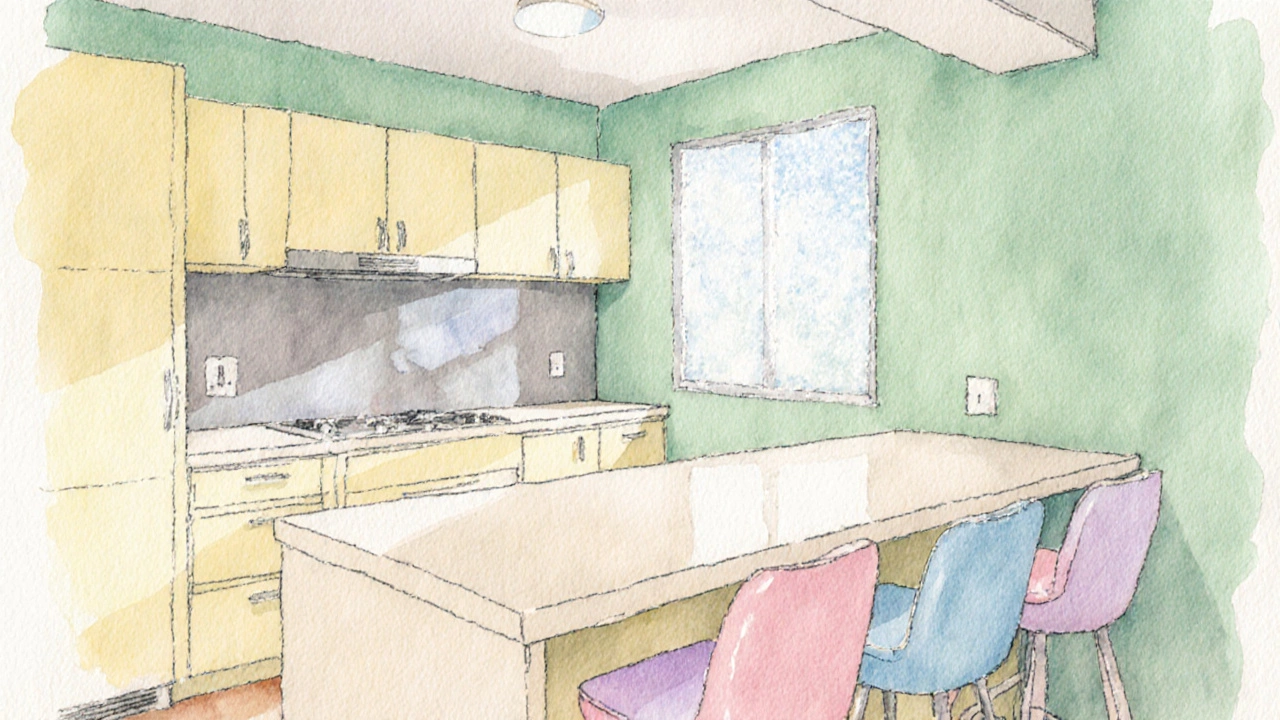 Кухня в пастельных тонах: мятные стены, желтые матовые шкафы и яркие барные стулья.