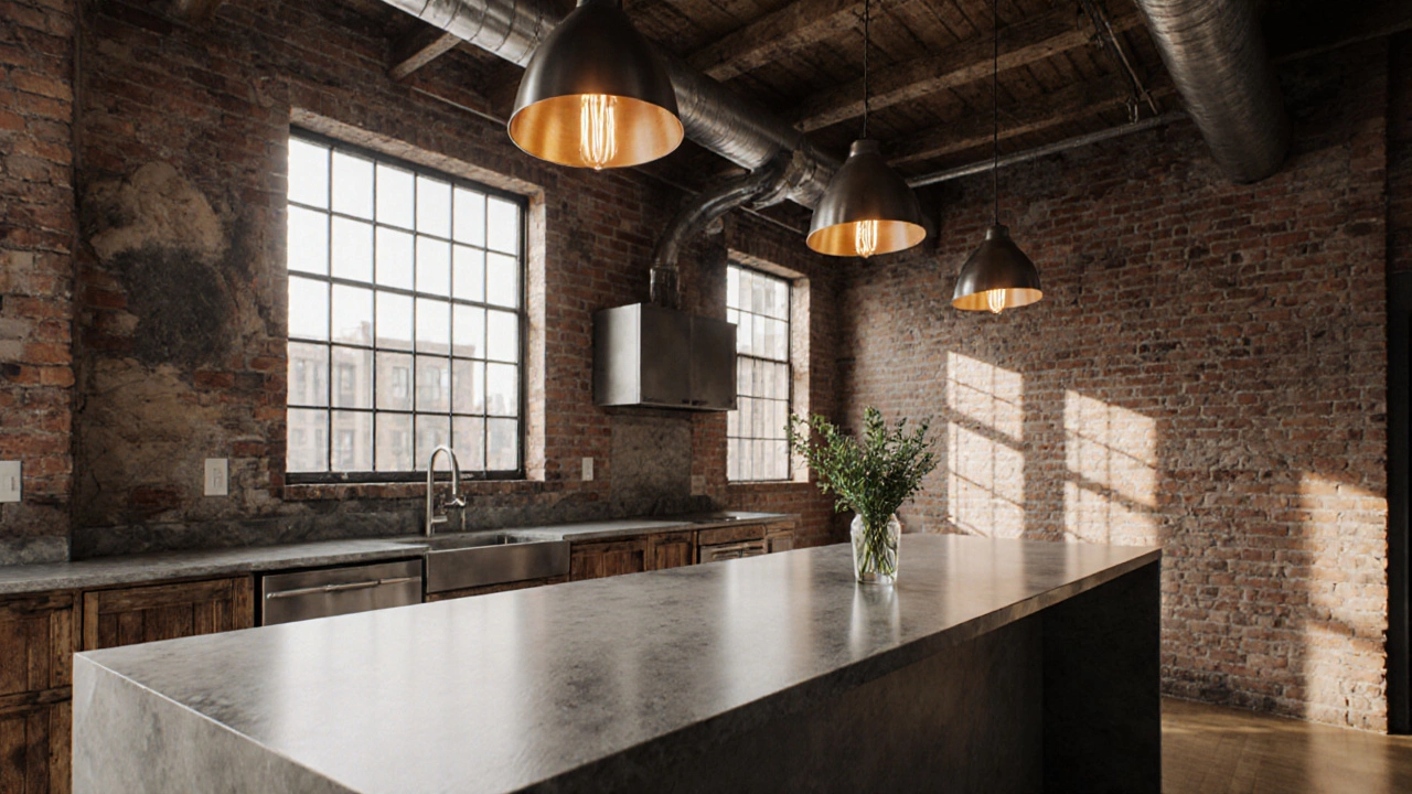 Лофт‑кухня с бетонно‑серой столешницей, кирпичными стенами и зелёными травами.