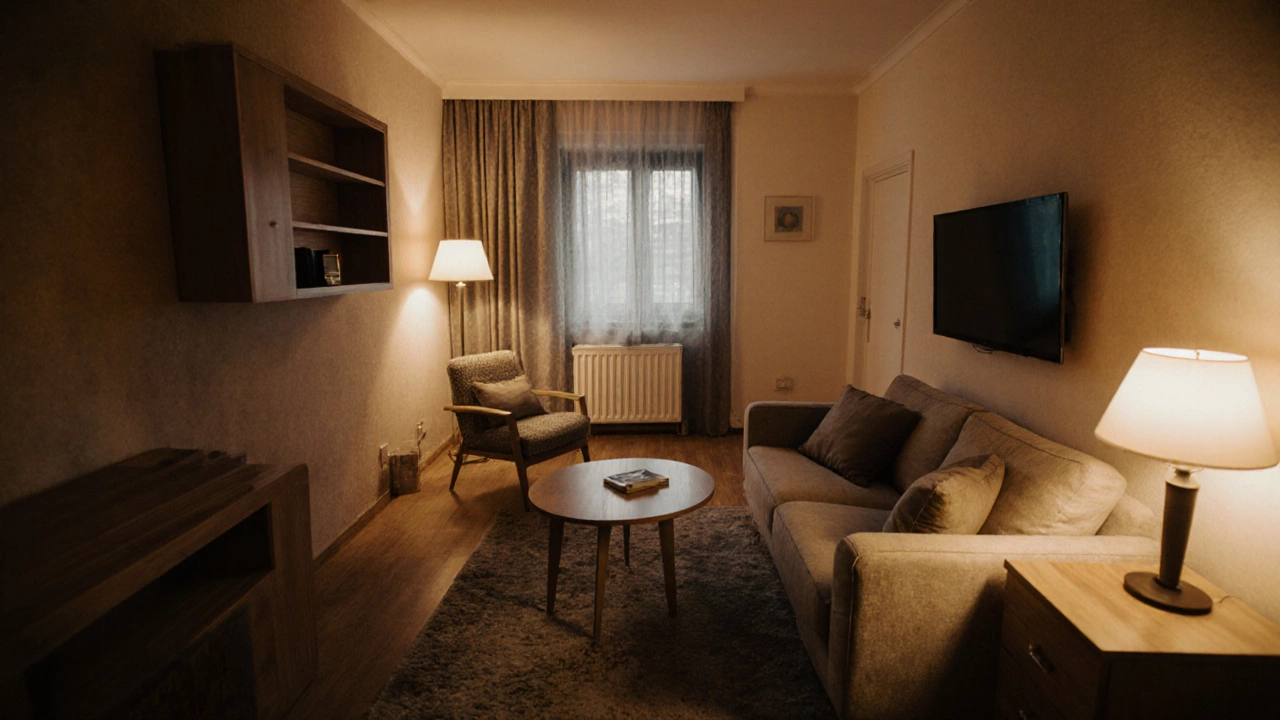 Маленькая гостиная с угловым диваном, телевизором напротив и тремя источниками света, без препятствий на пути.