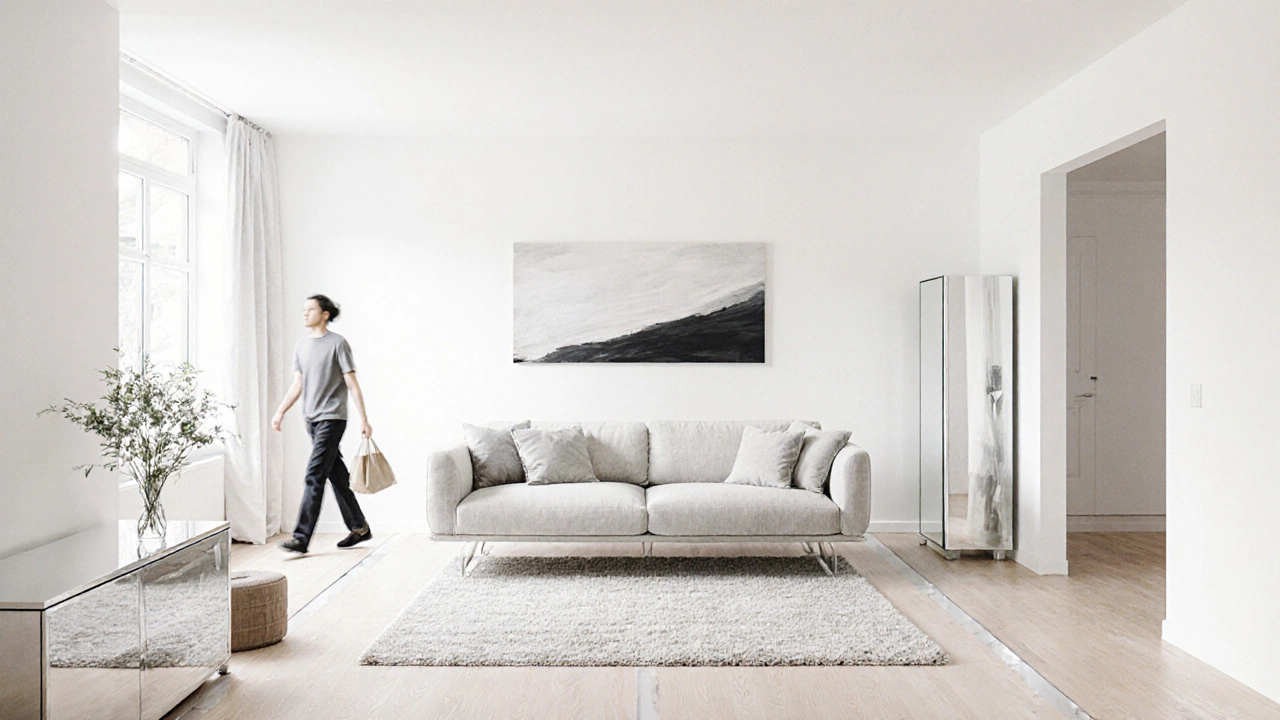 Минималистичная гостиная с центральным диваном, широкими проходами и зеркальным шкафом, создающим ощущение простора.