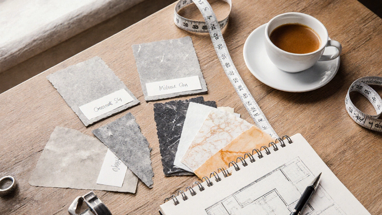 Рабочее место дизайнера с образцами цветов столешниц, замером и эскизами.