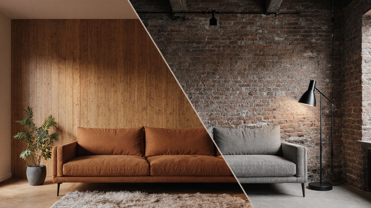 Разделённый кадр: терракотовый диван в Калининграде и серый бетонный в московском лофте.