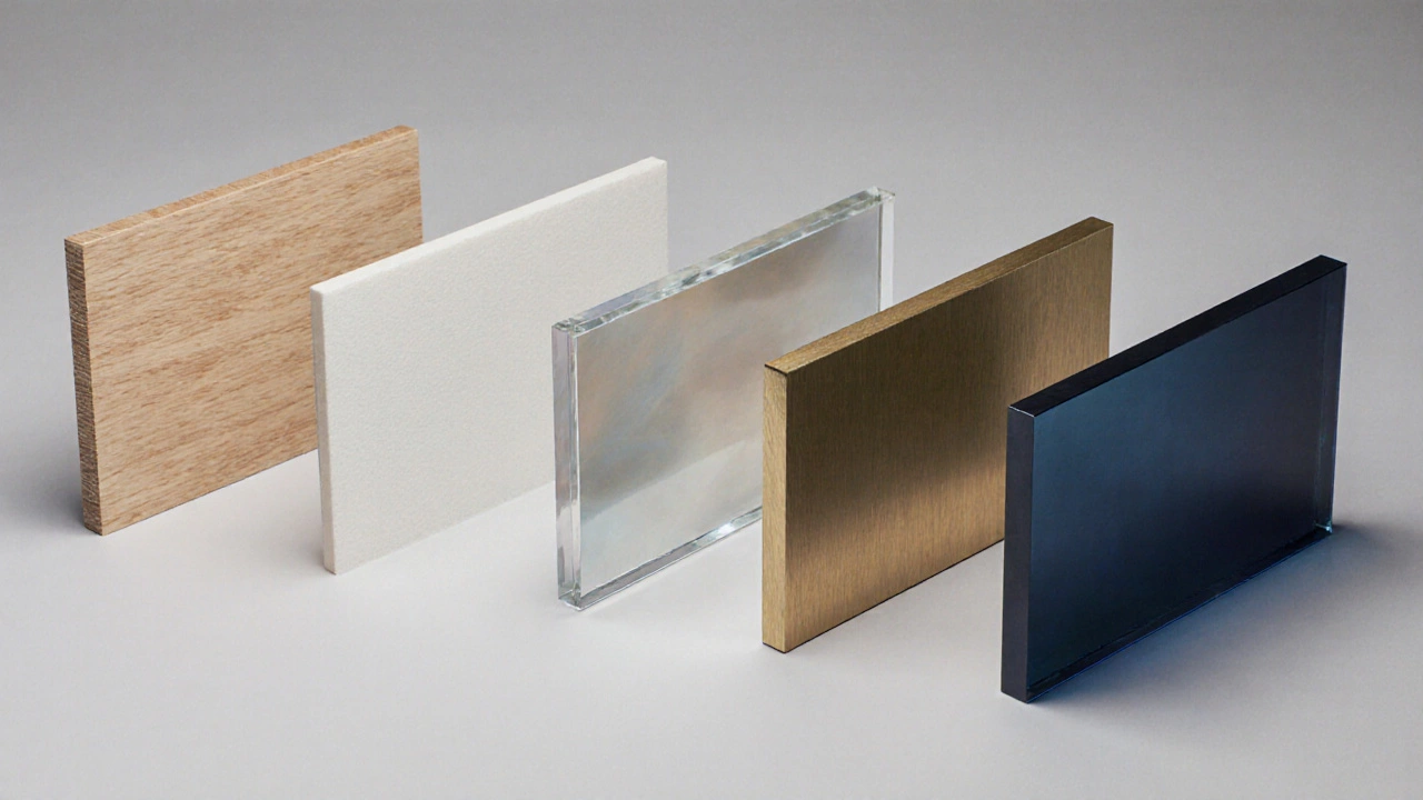 Семь панелей, каждая с разным типом покрытия: ламинат, меламин, эмаль, ПВХ, ABS, сапфир, анодированный алюминий.