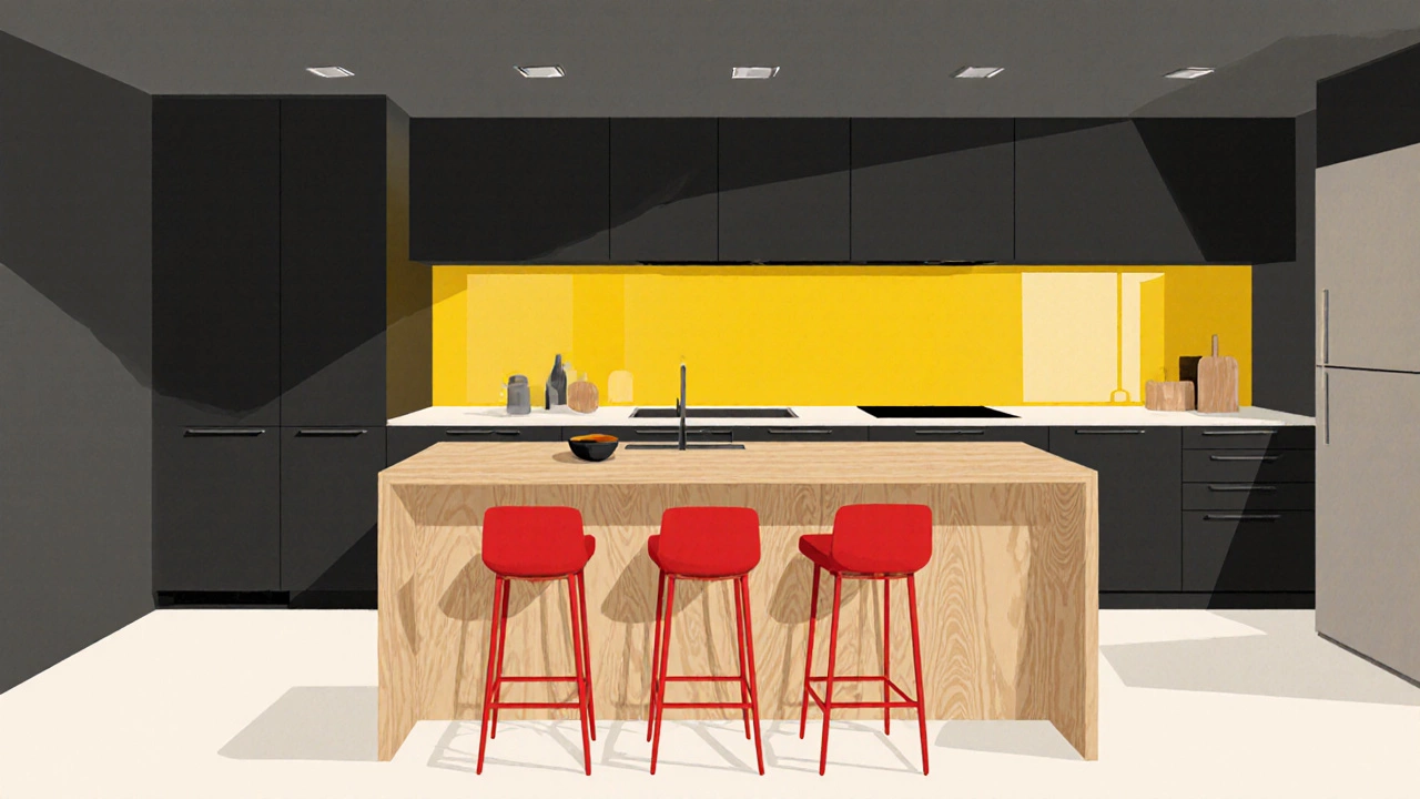 Современная кухня 2025 года: темно‑серые стены, светлое дерево и яркие аксессуары.