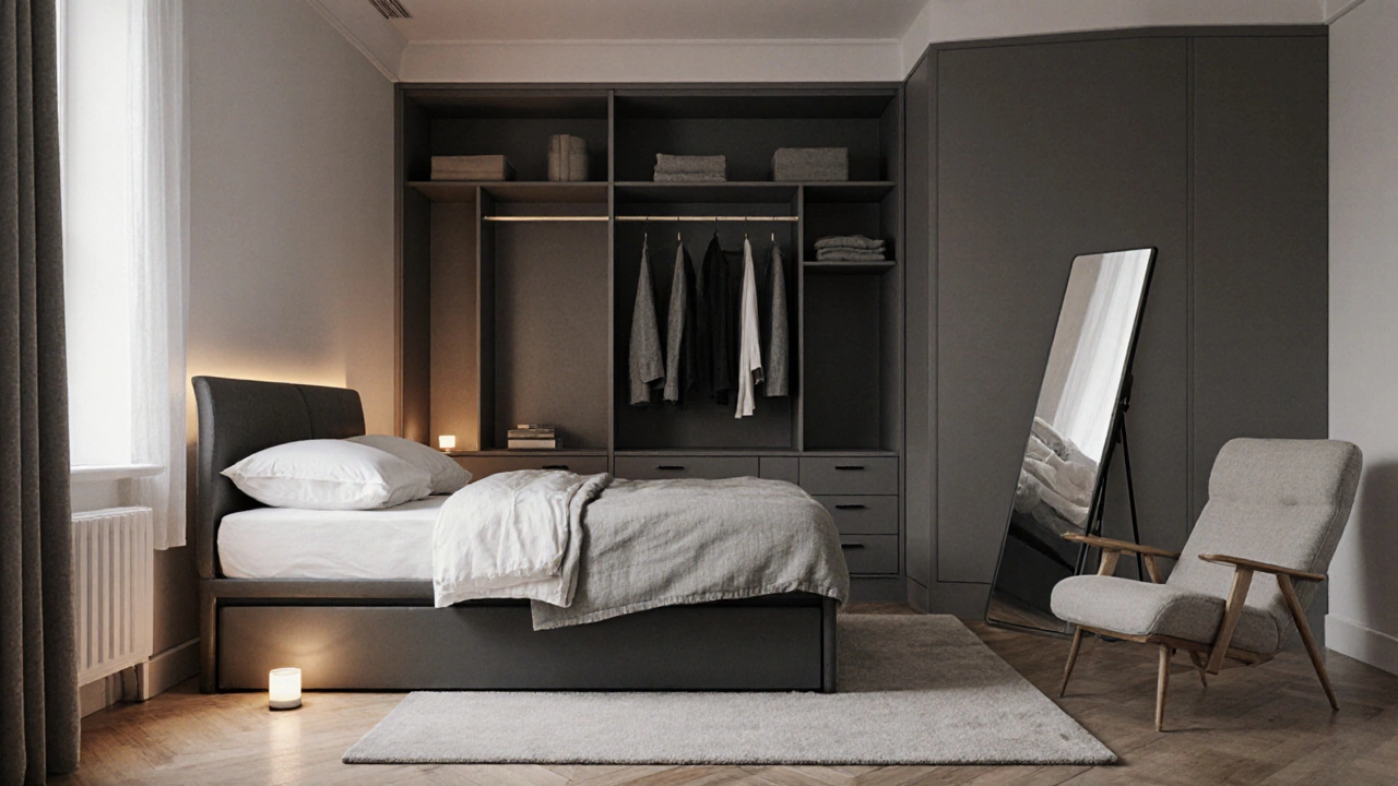 Современная спальня с зеркальным шкафом-купе, креслом для чтения и подсветкой под изголовьем, без лишних предметов.