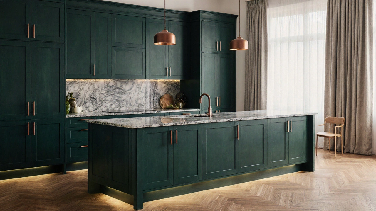 Темно-зеленая кухня с деревянными деталями и медной фурнитурой, подсвеченная LED-подсветкой под шкафами.