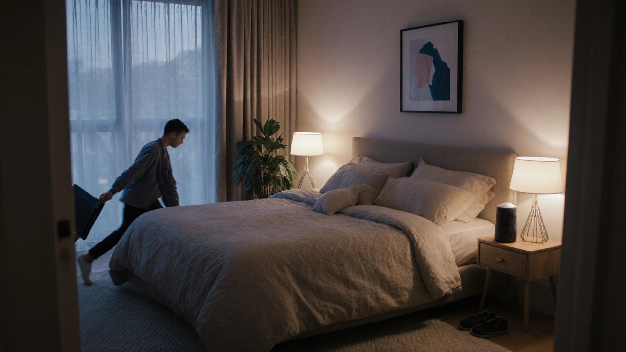 Тихая спальня без техники и обуви, с увлажнителем и растением — место для восстановления, а не хранения.