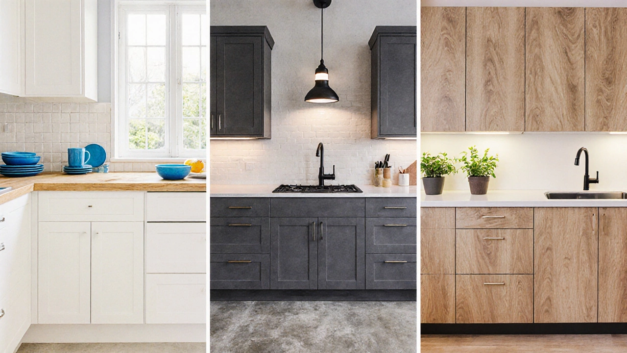 Три кухни рядом: скандинавская в белом, лофт в графите, эко‑кухня из натурального дерева.