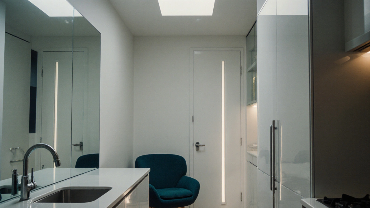 Узкая кухня с зеркальной стеной и глянцевыми элементами, отражающими свет.