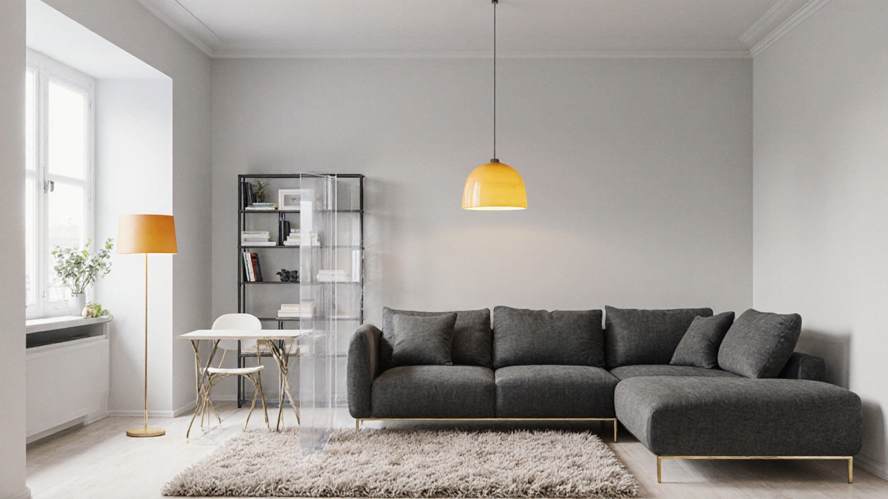 Зонирование гостиной ковром, светильником, полупрозрачной перегородкой, уголок с угловым диваном и складным столом.