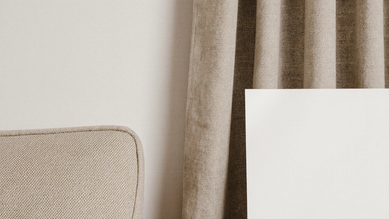 Деталь тканей: текстура бежевого дивана и льняной шторы рядом с белой бумагой.