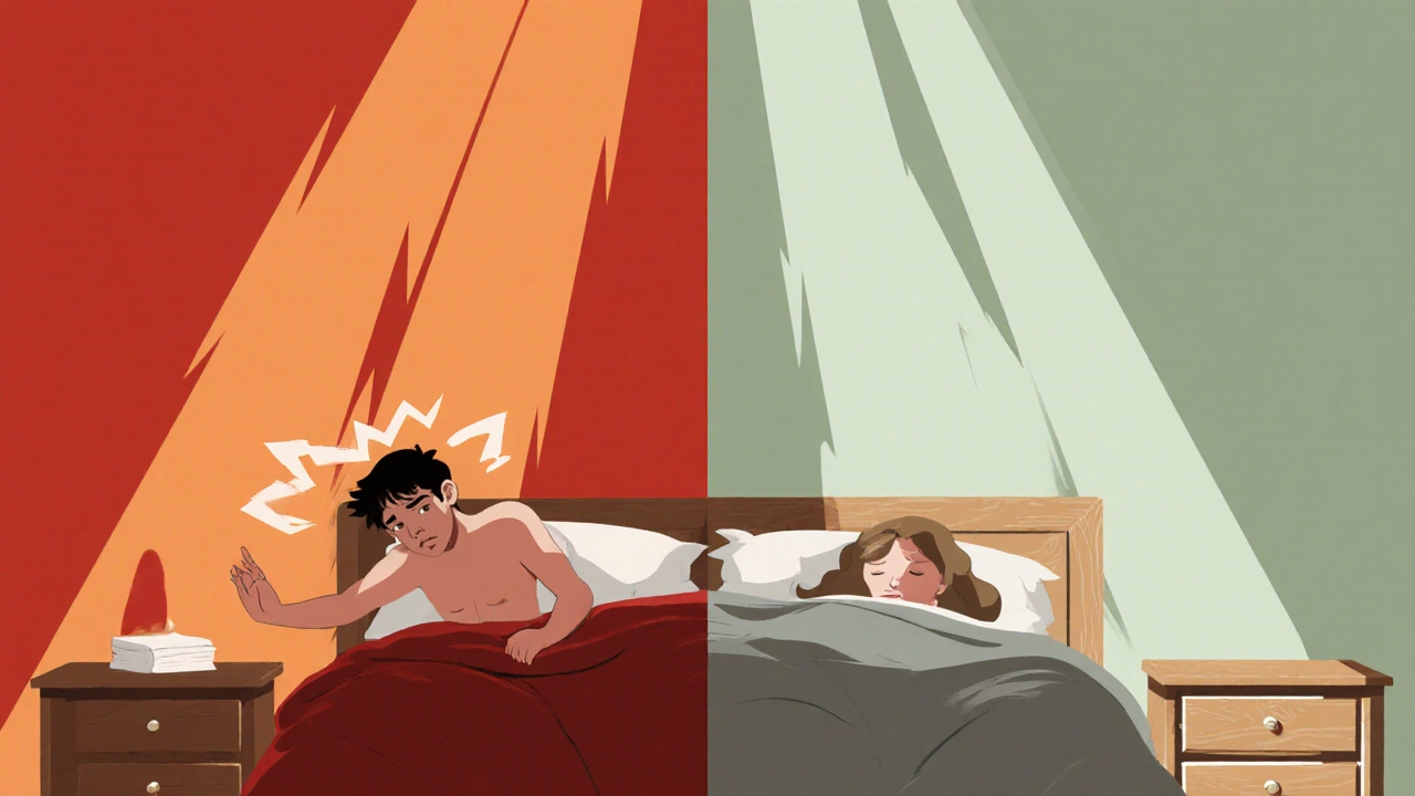 Две стороны спальни: красная — возбуждает, серо-зеленая — успокаивает, сравнение влияния цвета на сон.