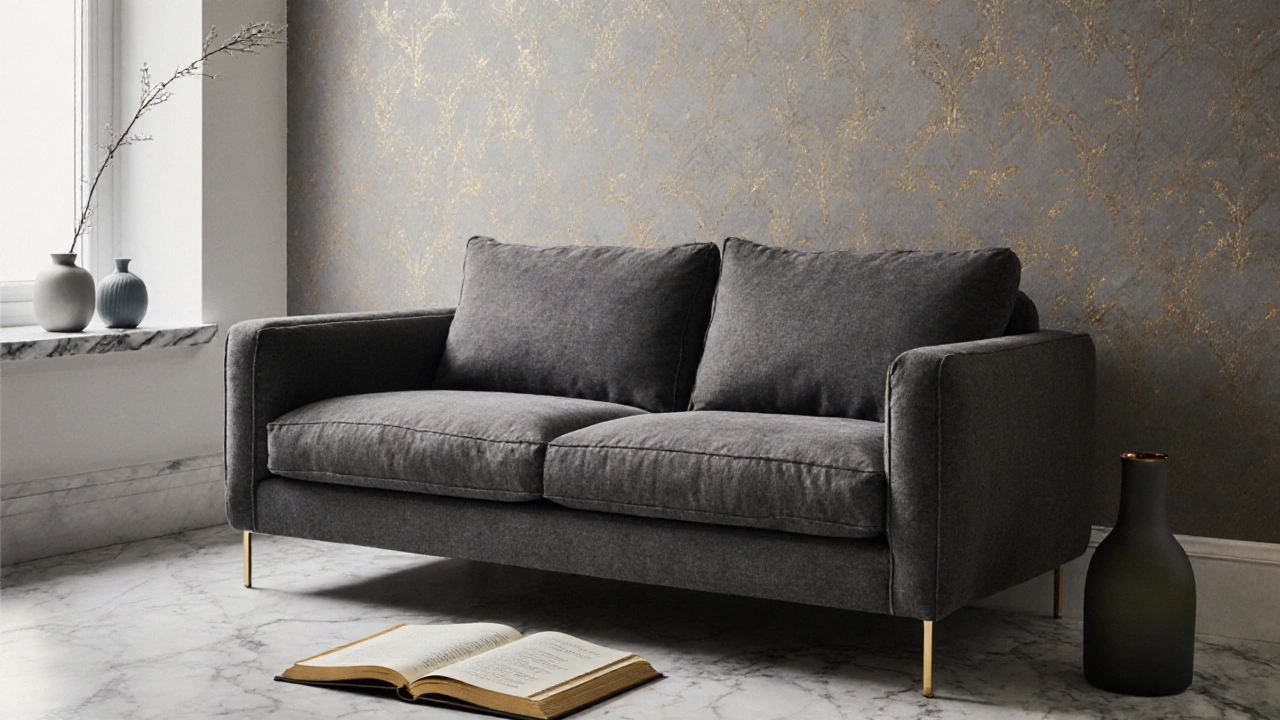 Графитовый диван из шенилла с золотистыми обоями, мрамор и матовое стекло в минималистичном интерьере.
