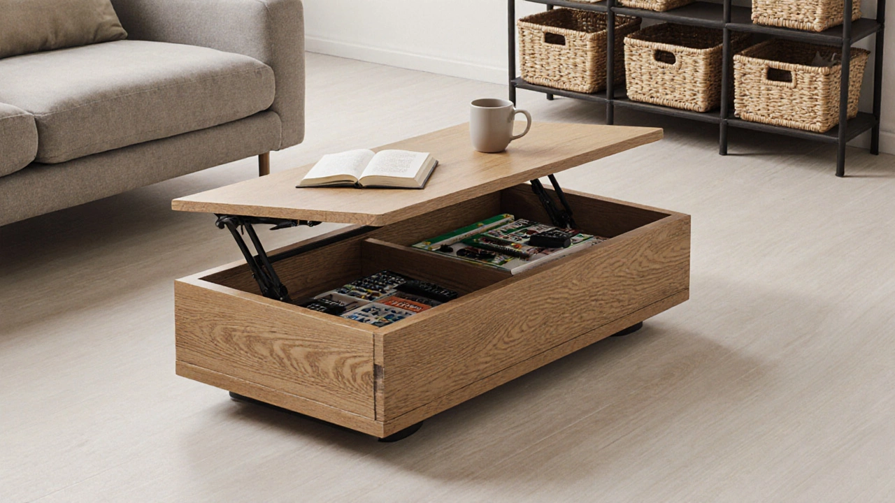 Кофейный столик с подъёмной крышкой и скрытым хранением в минималистичной гостиной.