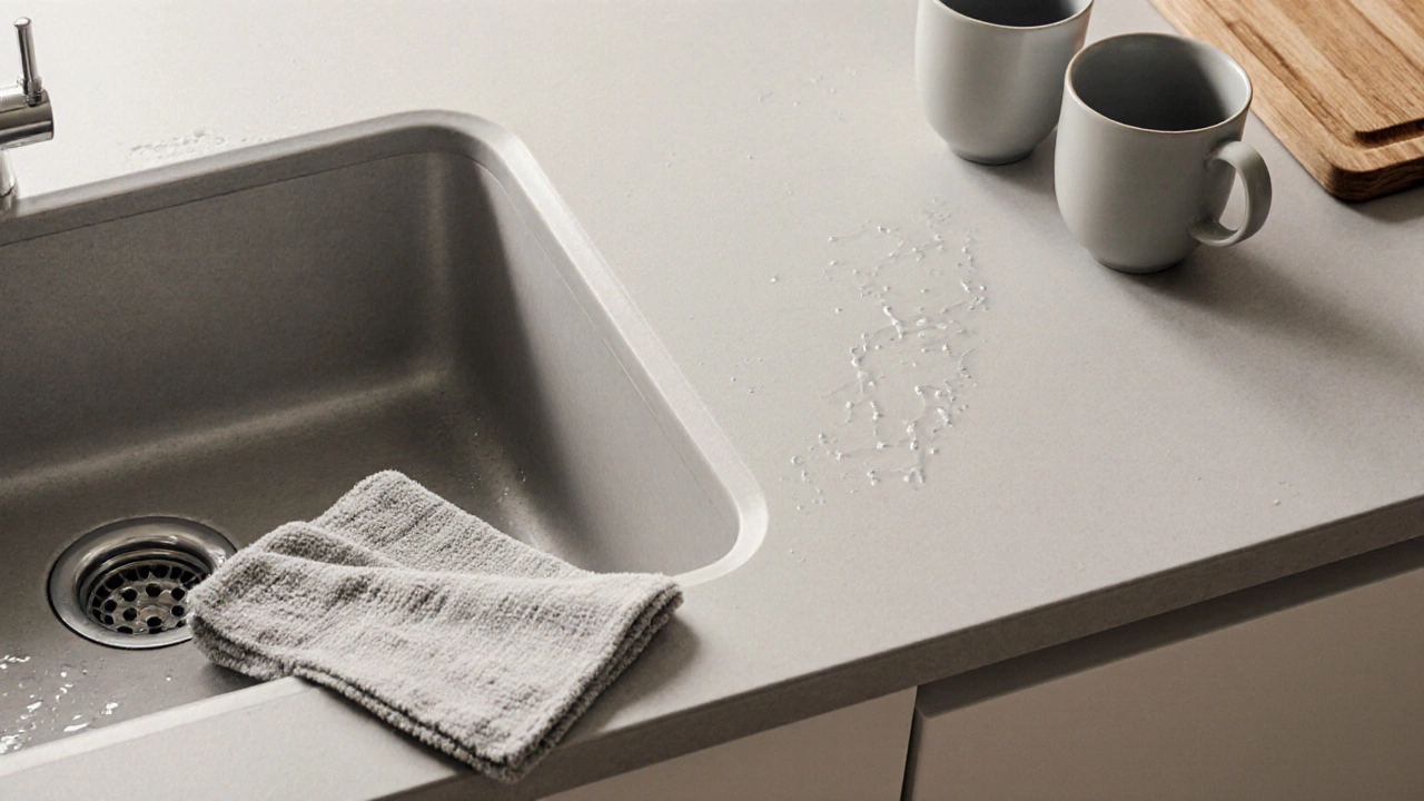 Матовые фасады кухни без видимых пятен, спокойная и ухоженная атмосфера.