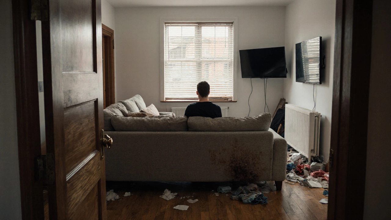 Неправильно поставленный диван, закрывающий проход и окно, с повреждённой тканью от батареи.