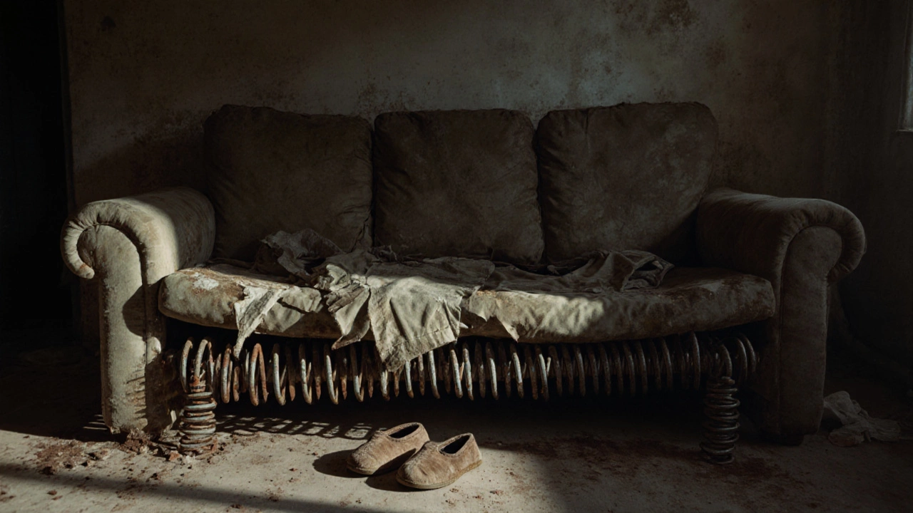 Потрёпанный диван с ржавыми пружинами, проваливающимися под нагрузкой, в сыром интерьере.