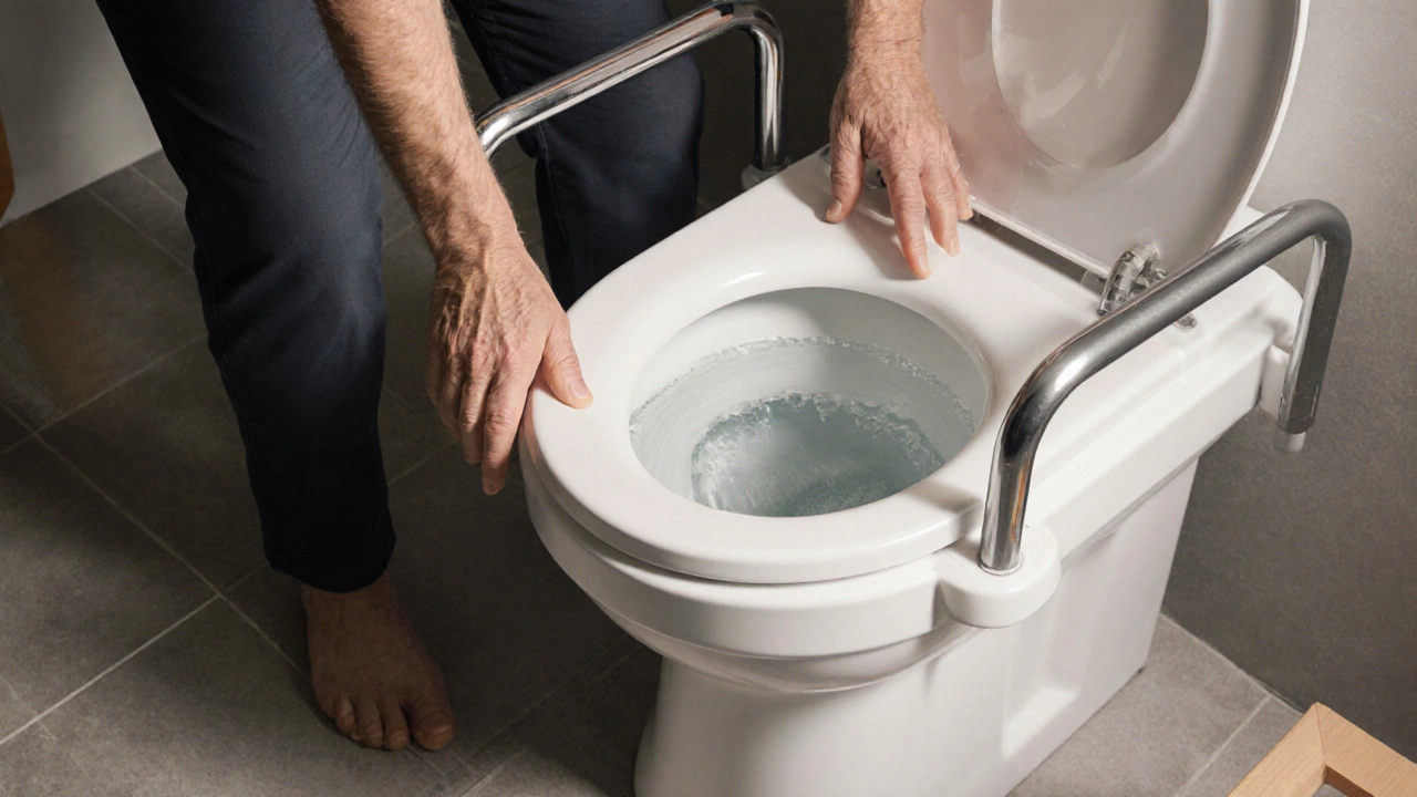 Пожилой человек встает с высокого анатомического унитаза, руки на поручнях, вода плавно смывается.