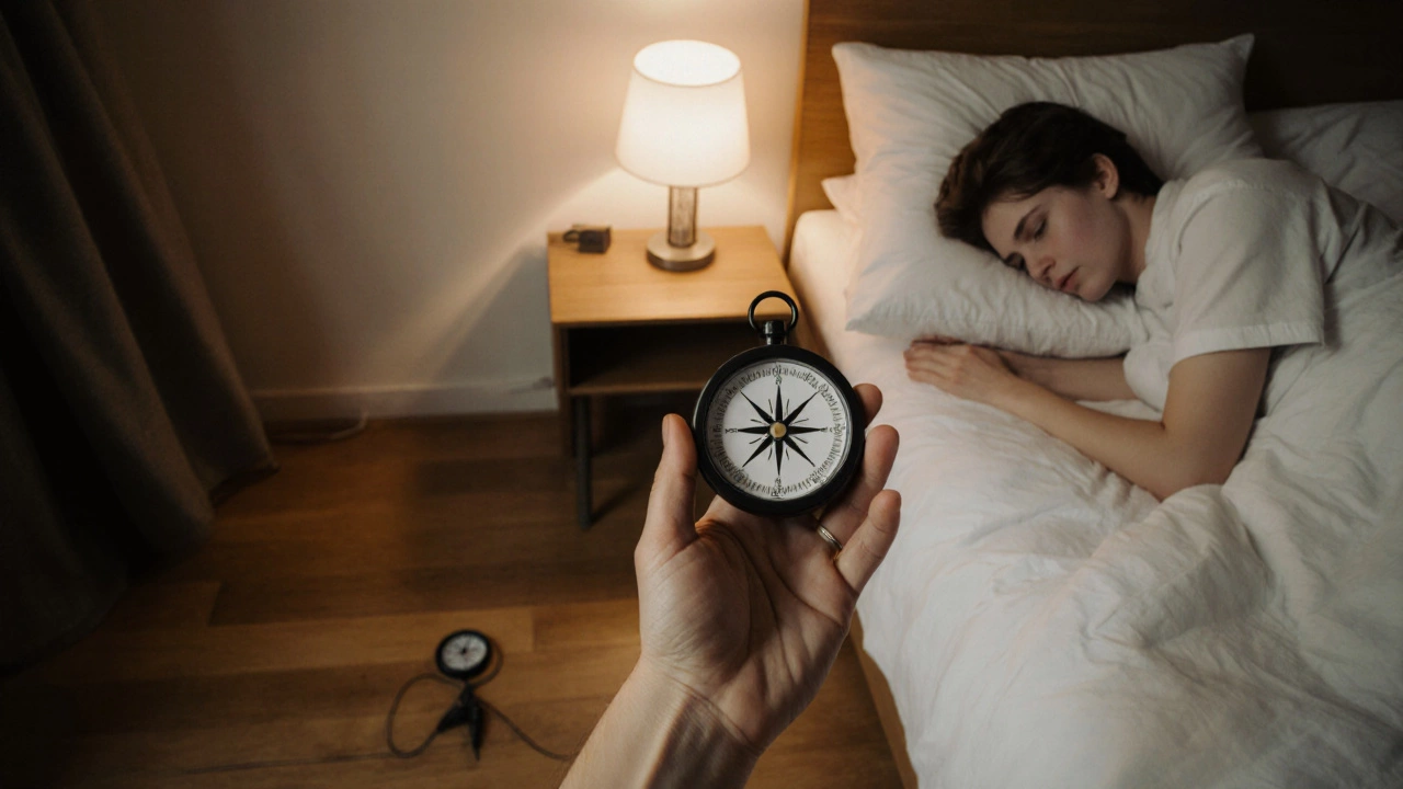 Рука держит компас у кровати, стрелка указывает на север, спальня в спокойных тонах.