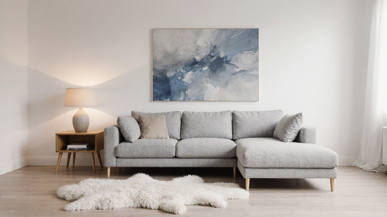 Серый диван в скандинавском стиле с деревянным полом и нейтральными акцентами.