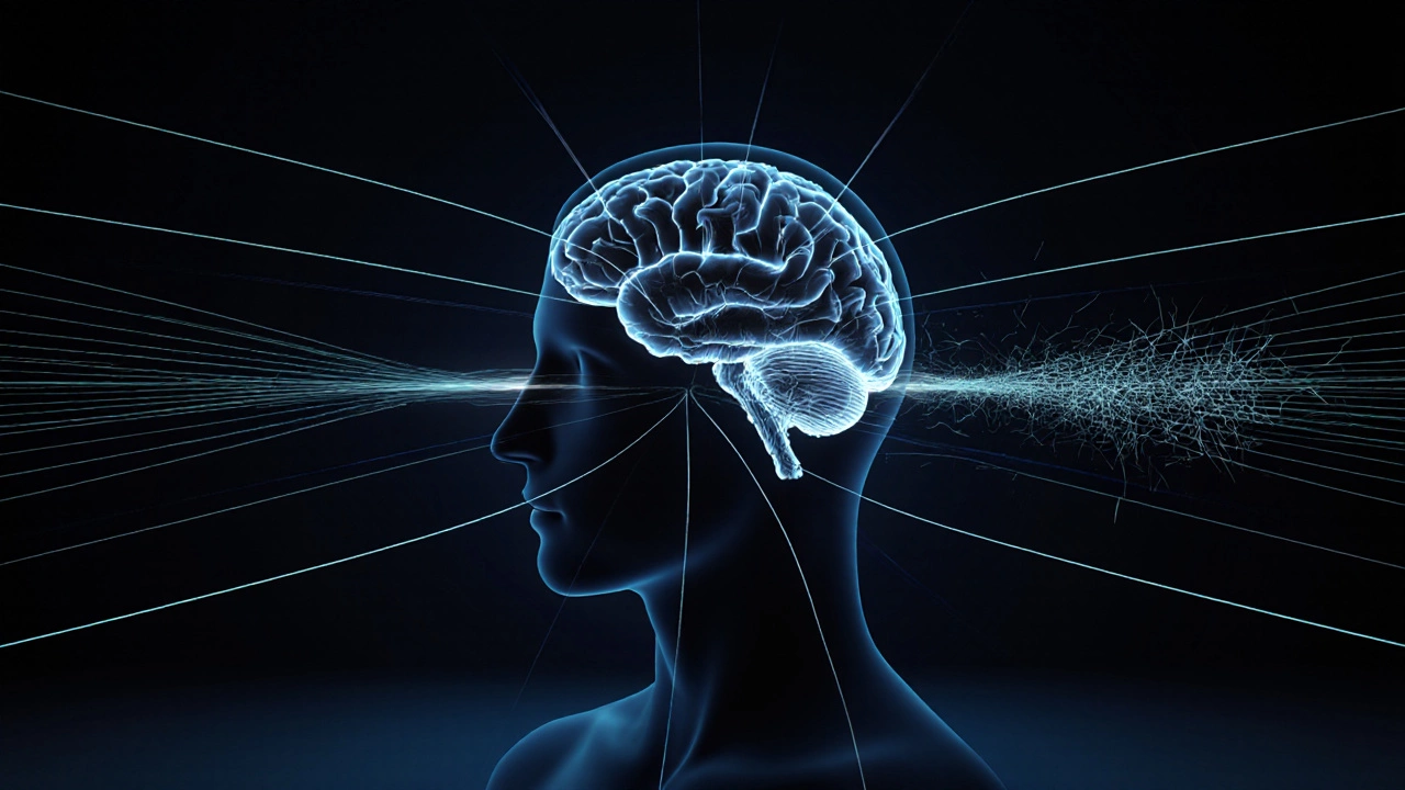 Схематичное изображение мозга с линиями геомагнитного поля, выстраивающимися вдоль головы.