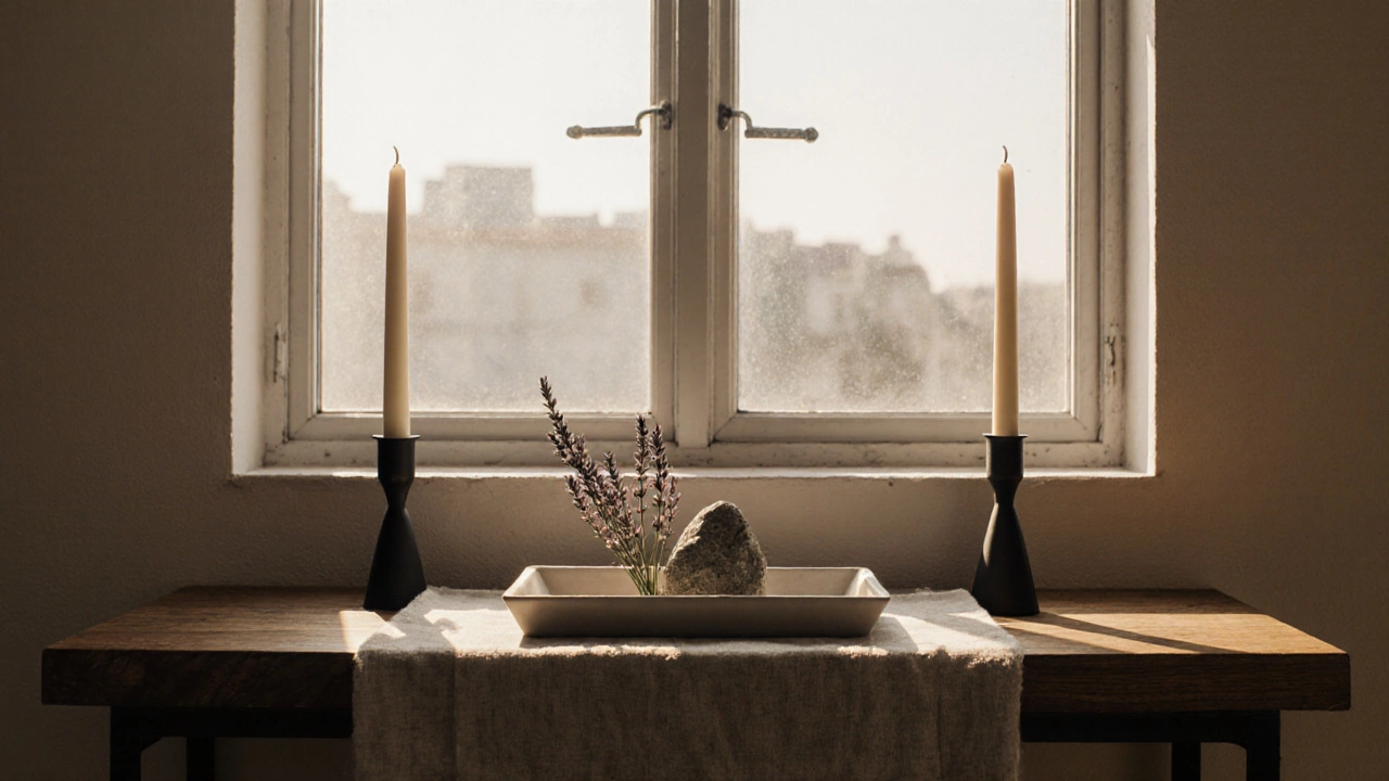 Симметричная композиция на широком комоде: свечи по краям, керамический поднос в центре, много свободного пространства.