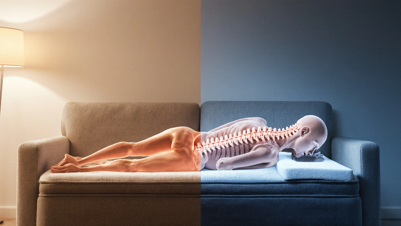 Сравнение правильной и неправильной поддержки позвоночника на диване — здоровый сон против боли.