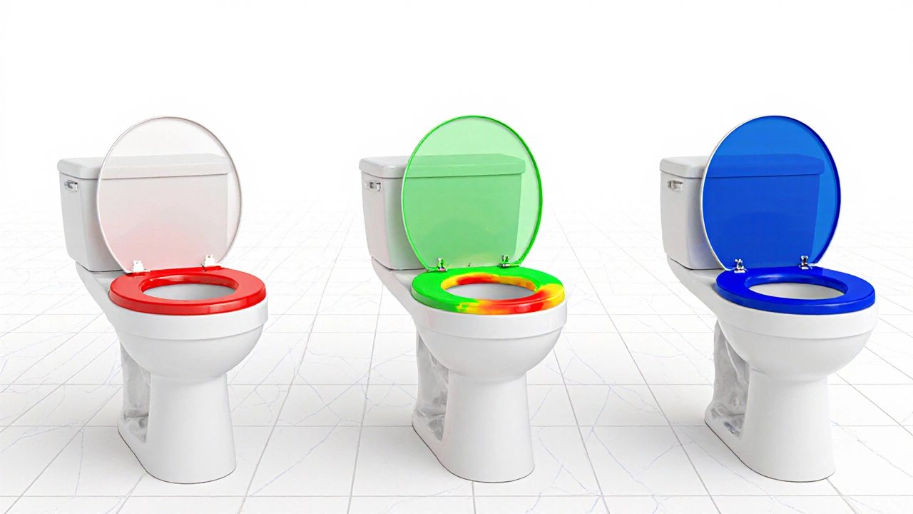 Сравнение трёх форм унитаза с картами давления на тело: круглая, овальная и анатомическая.