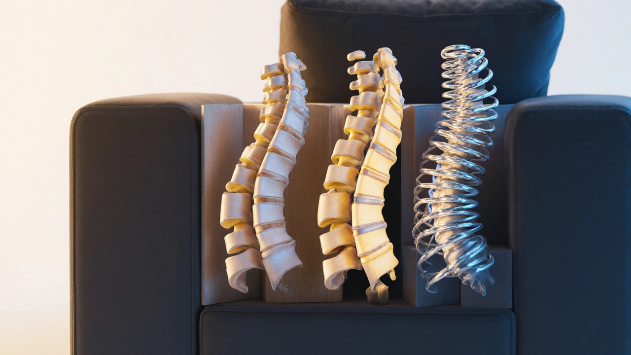 Сравнение трёх типов оснований дивана: жёсткая плита, гибкие ламели и ржавые пружины, с силуэтом позвоночника.