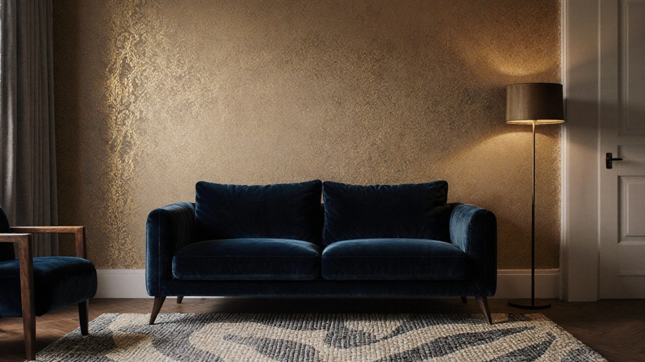 Темно-синий бархатный диван на фоне золотистых обоев с деревянной мебелью и уютным освещением.