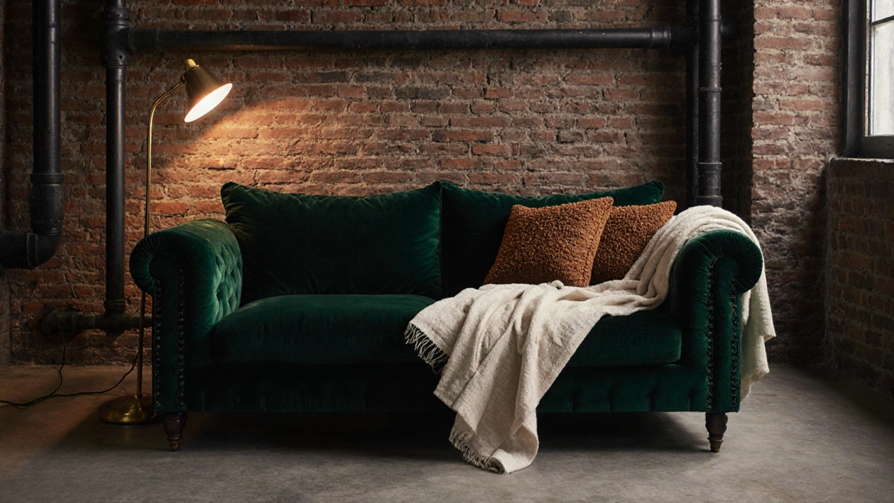 Темно-зеленый бархатный диван в индустриальном интерьере с кирпичной стеной и бронзовой лампой.