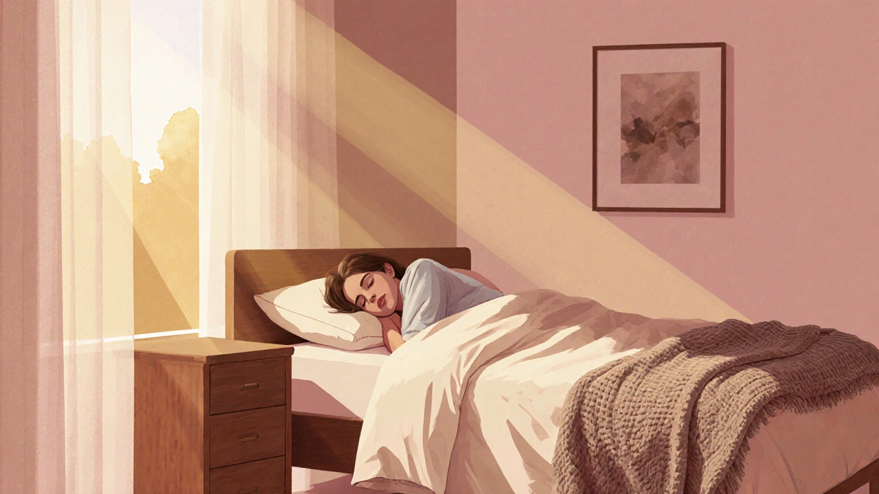 Теплая бежевая спальня с деревянными элементами, ощущение уюта и защищенности.