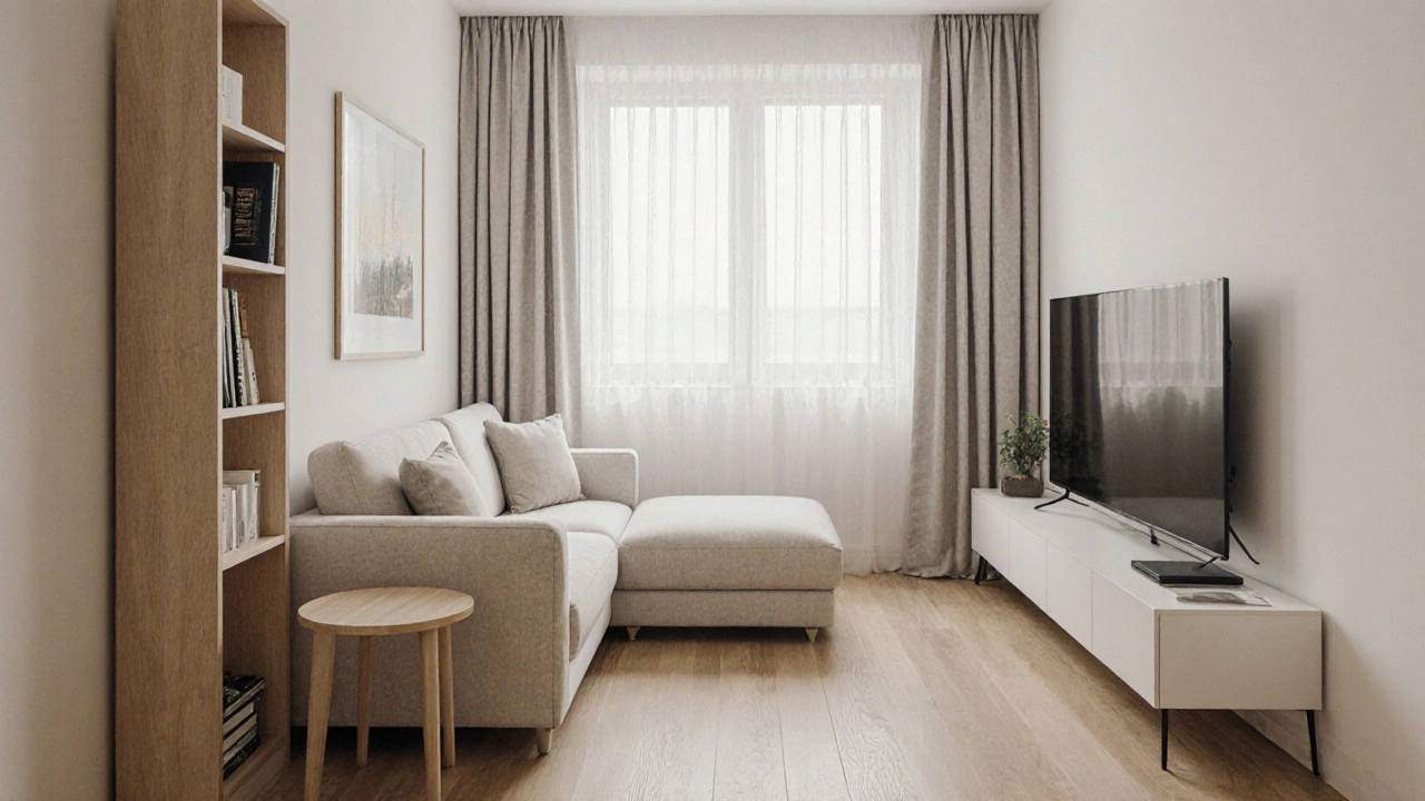 Угловой диван в маленькой гостиной, светлый, с низкими подлокотниками, у окна, с чётким проходом.