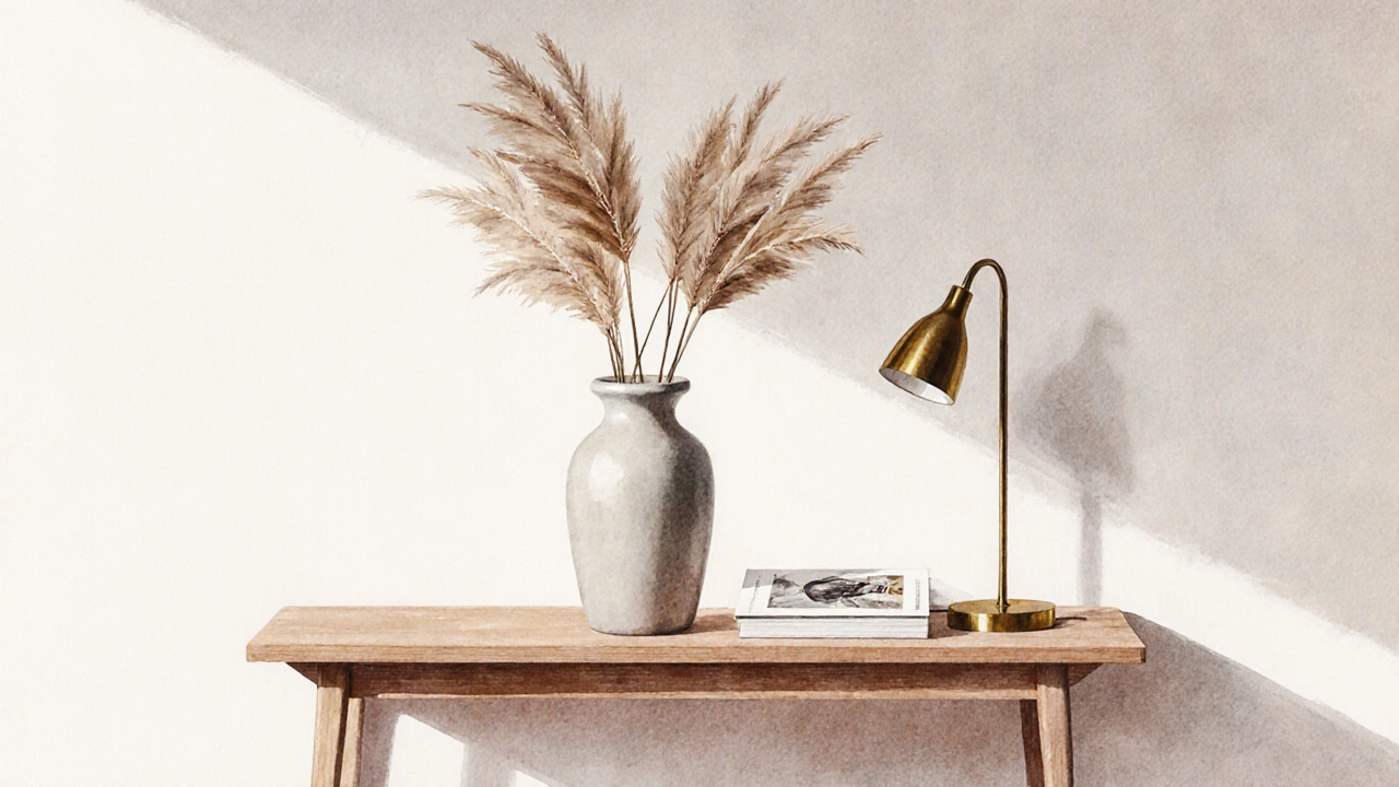Узкий комод с одной вазой и миниатюрной лампой — минимализм, где каждый предмет имеет значение.