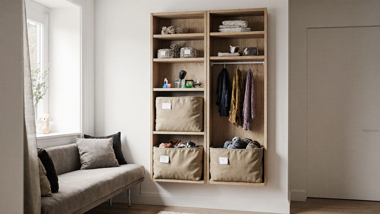 Вертикальные полки с тканевыми коробками для хранения в маленькой гостиной, оформленные как декор.