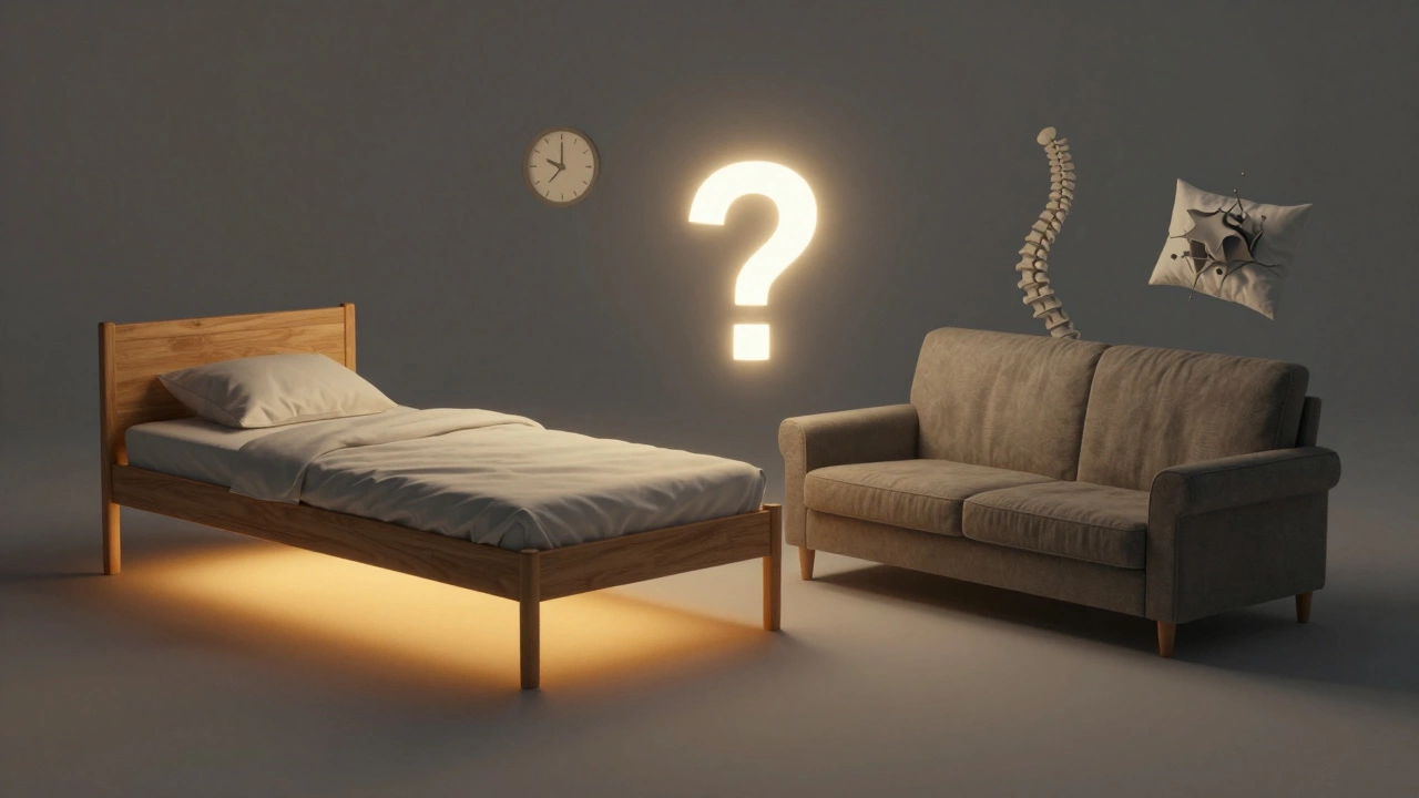 Контраст между идеальной кроватью и неудобным диваном в концептуальной иллюстрации