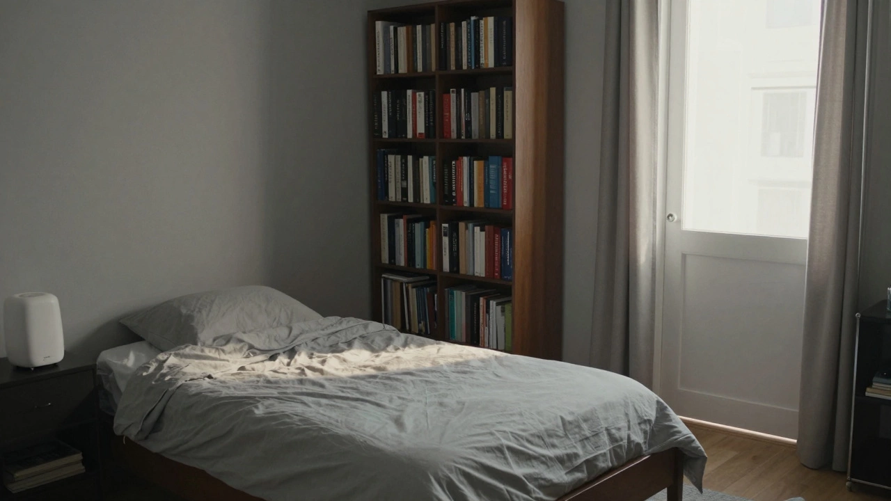 Кровать под углом, книжная полка блокирует вид на дверь, тихая атмосфера.