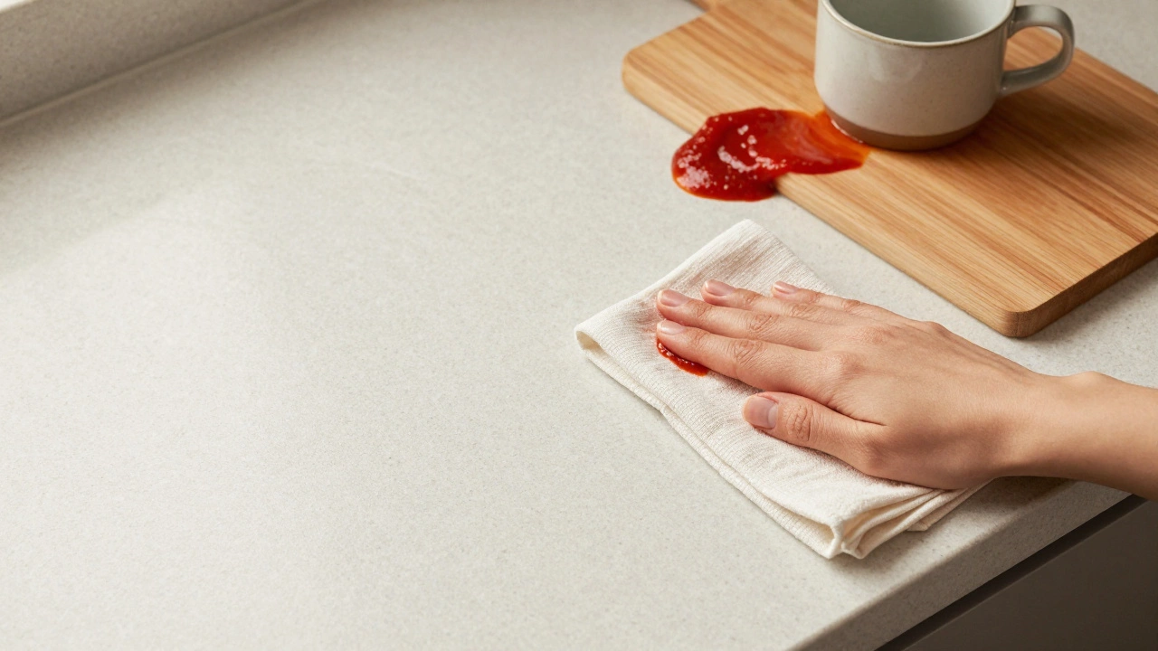 Кварцевая столешница с пятном соуса, который аккуратно протирают тряпкой.