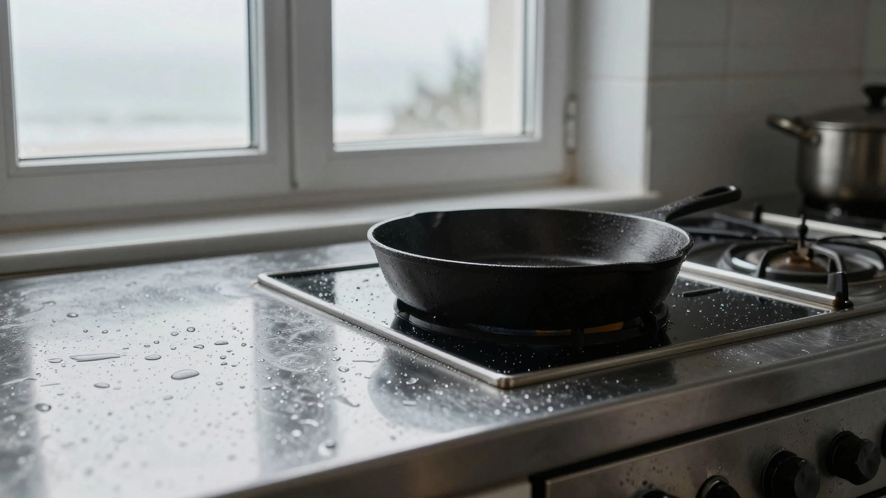 Нержавеющая стальная столешница с каплями конденсата и сковородой