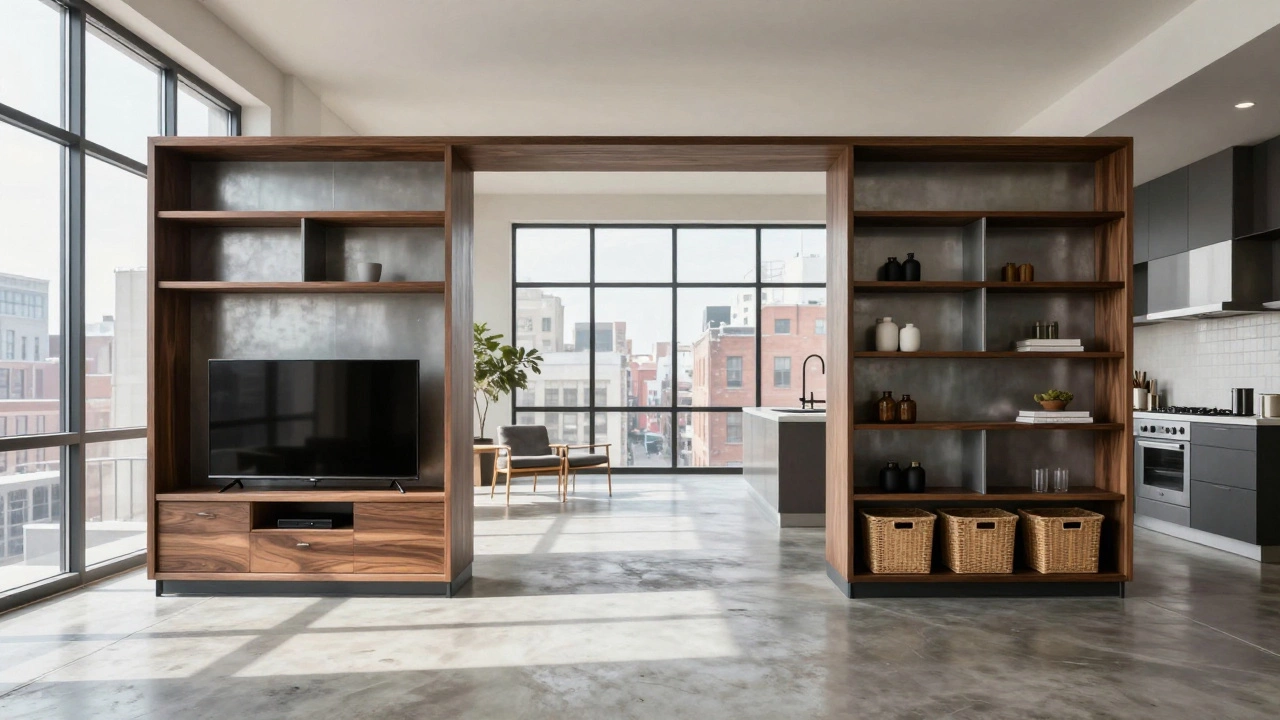 Островная стенка, разделяющая зону гостиной и кухни в студии