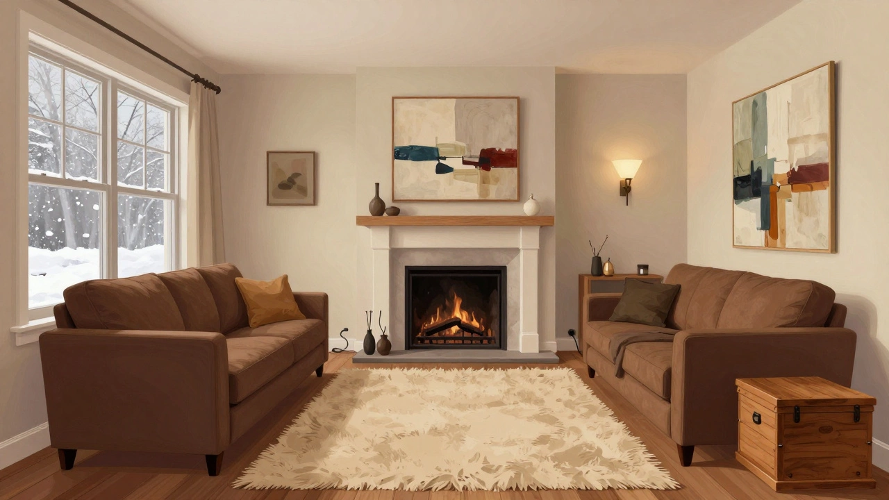 Расстановка мебели вокруг камина: диван и кресла на толстом ковре, деревянный сундук-сиденье, тёплая атмосфера.
