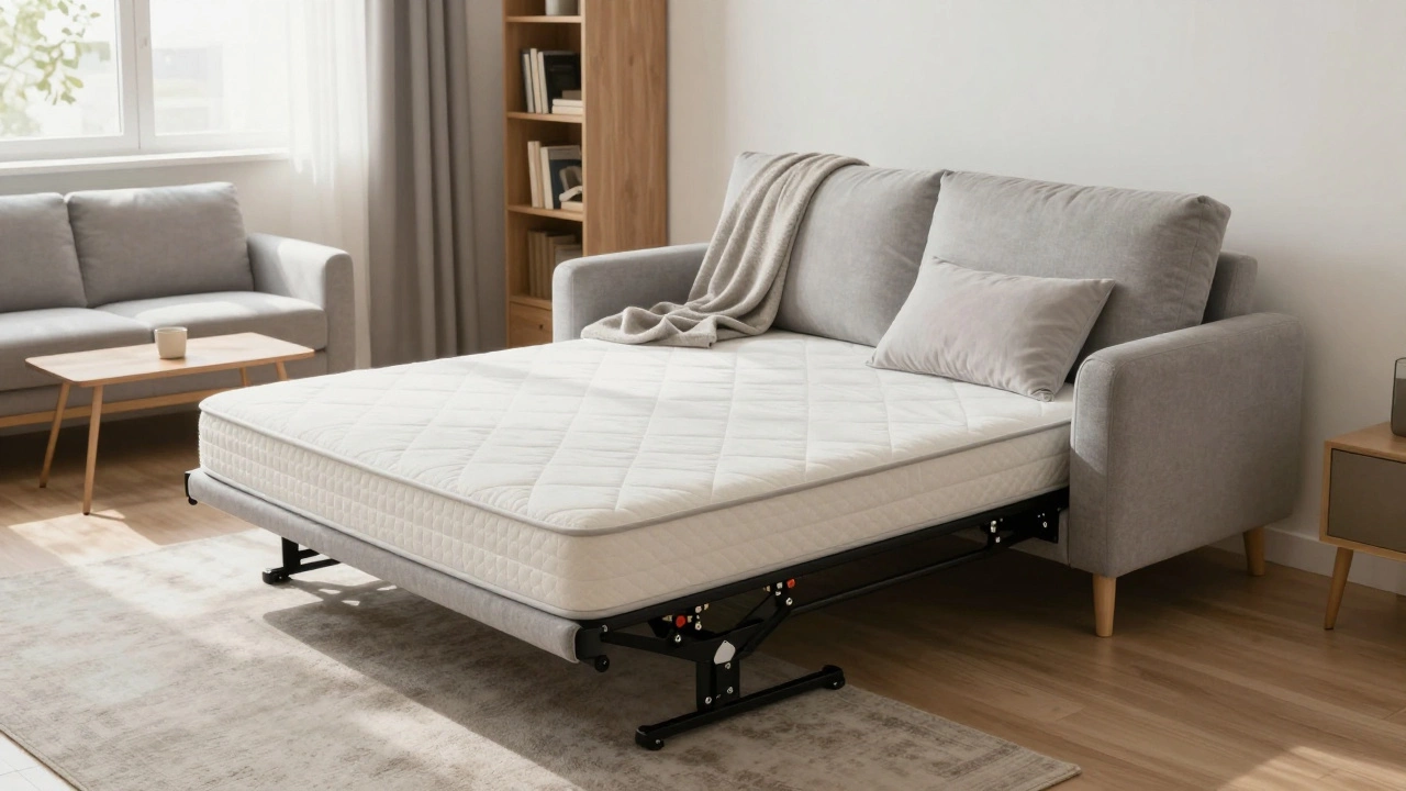 Разложенный диван-кровать в студии, используемый как спальное место