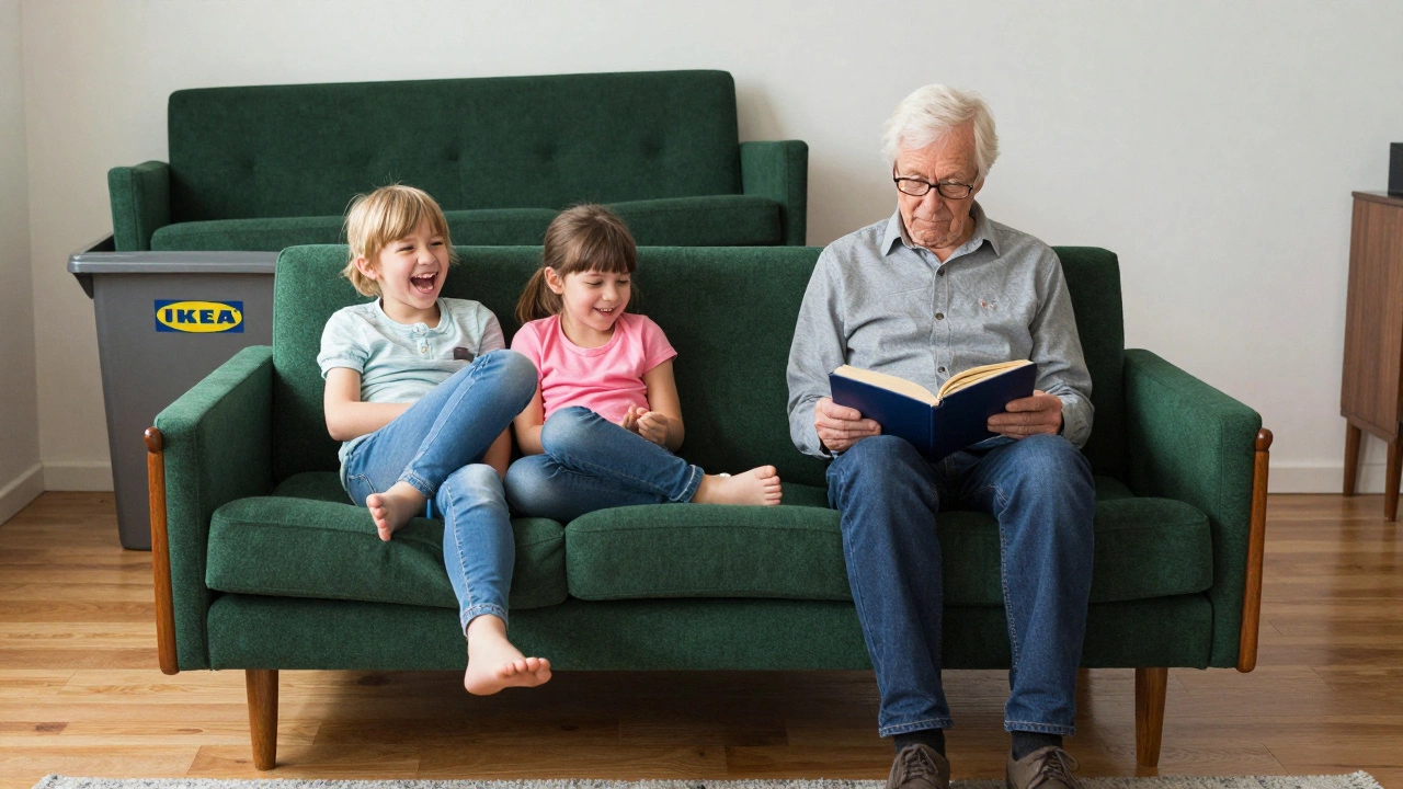 Семья сидит на обновленном диване, рядом — выброшенный дешевый аналог в контейнере для мусора.