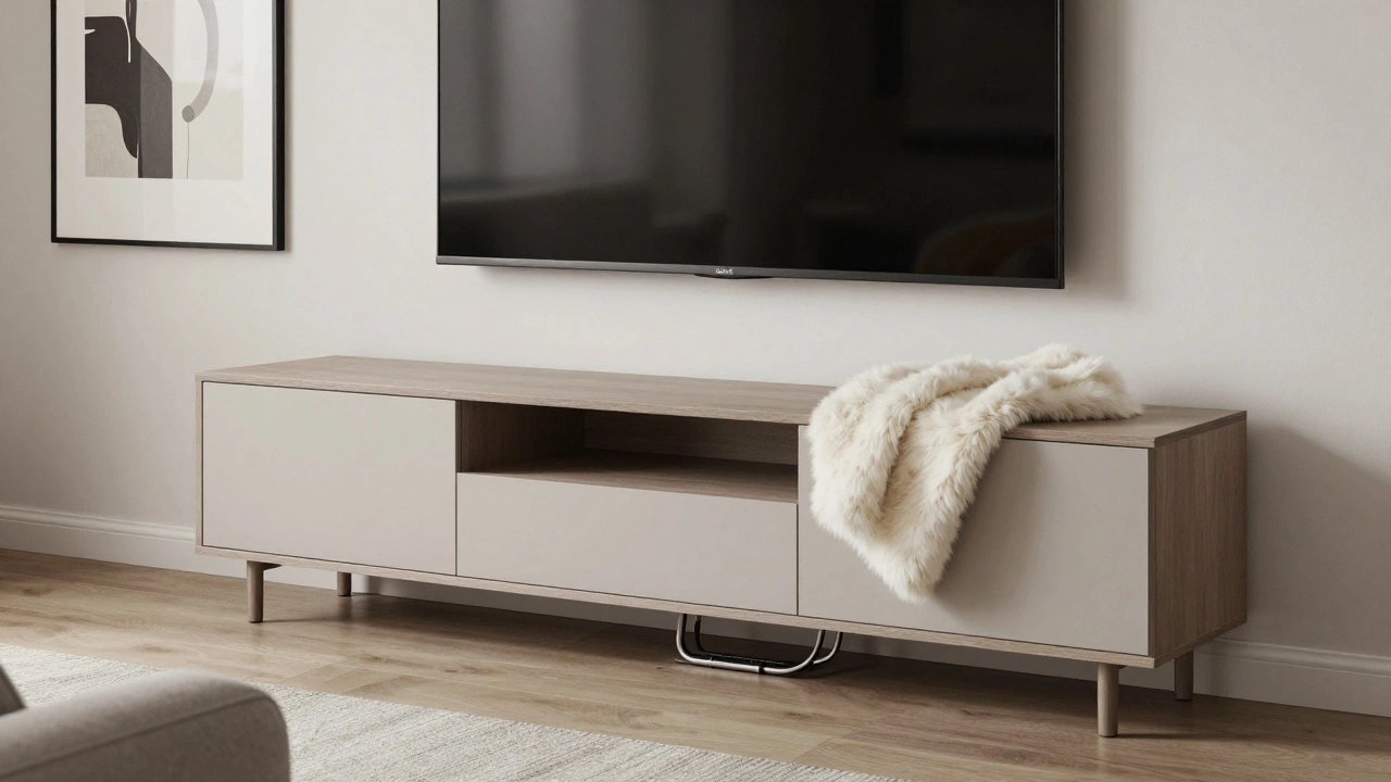 Система хранения в гостиной: закрытые шкафы, пуф с пледом, скрытые провода, телевизор на уровне глаз.