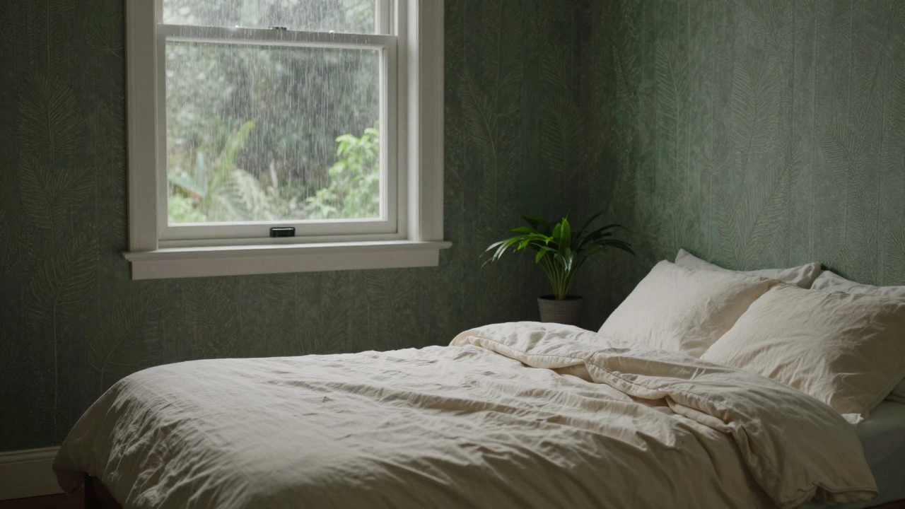 Спальня с приглушенной зеленой стеной, тканевыми шторами и уютной постелью в туманном свете